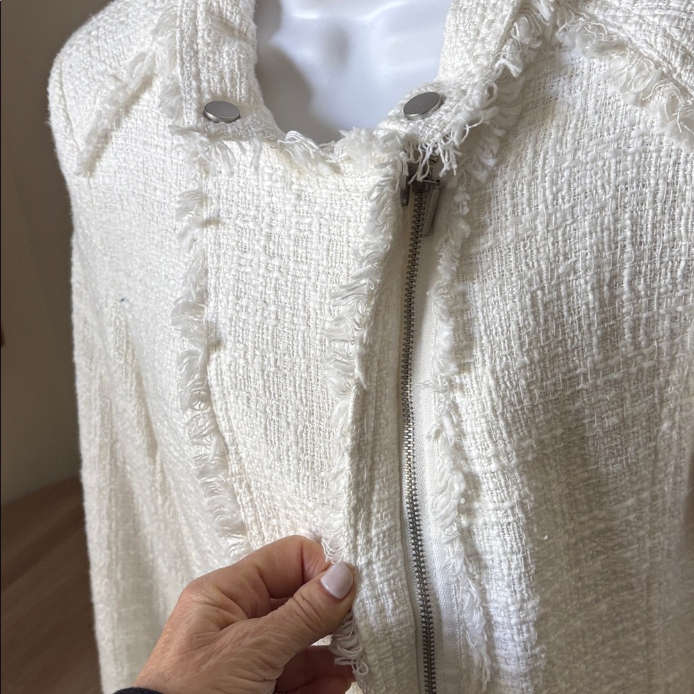 Carolina Belle Montreal White Edgy Tweed Frayed Trim Moto Jacket Blazer - Picture 10 of 13